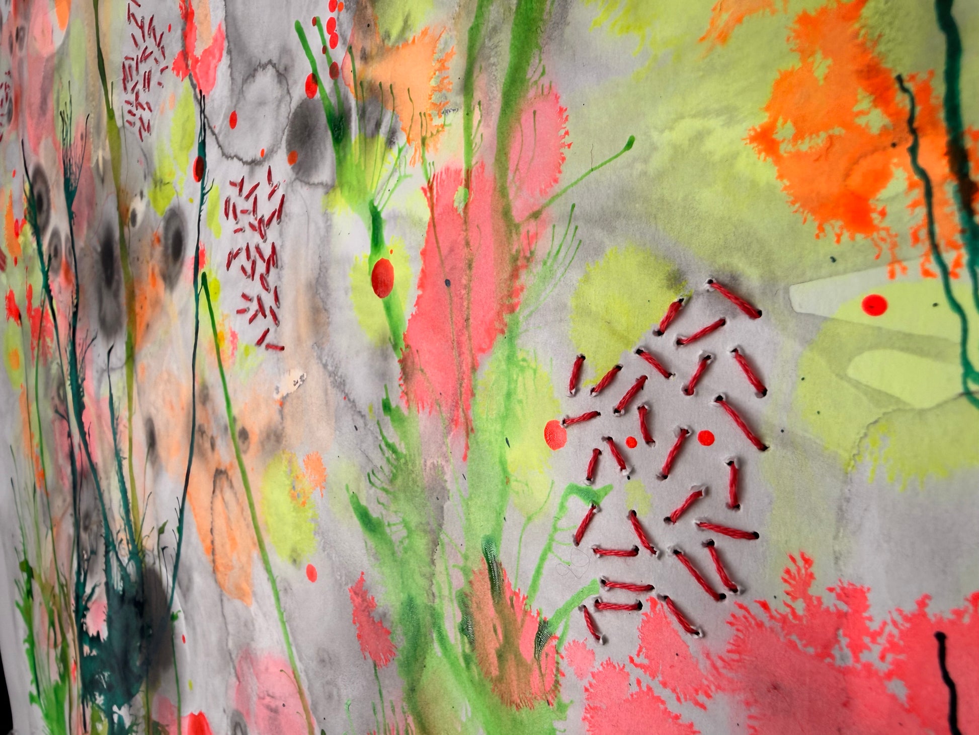 Lime Light, 2026. Ink and embroidery on paper